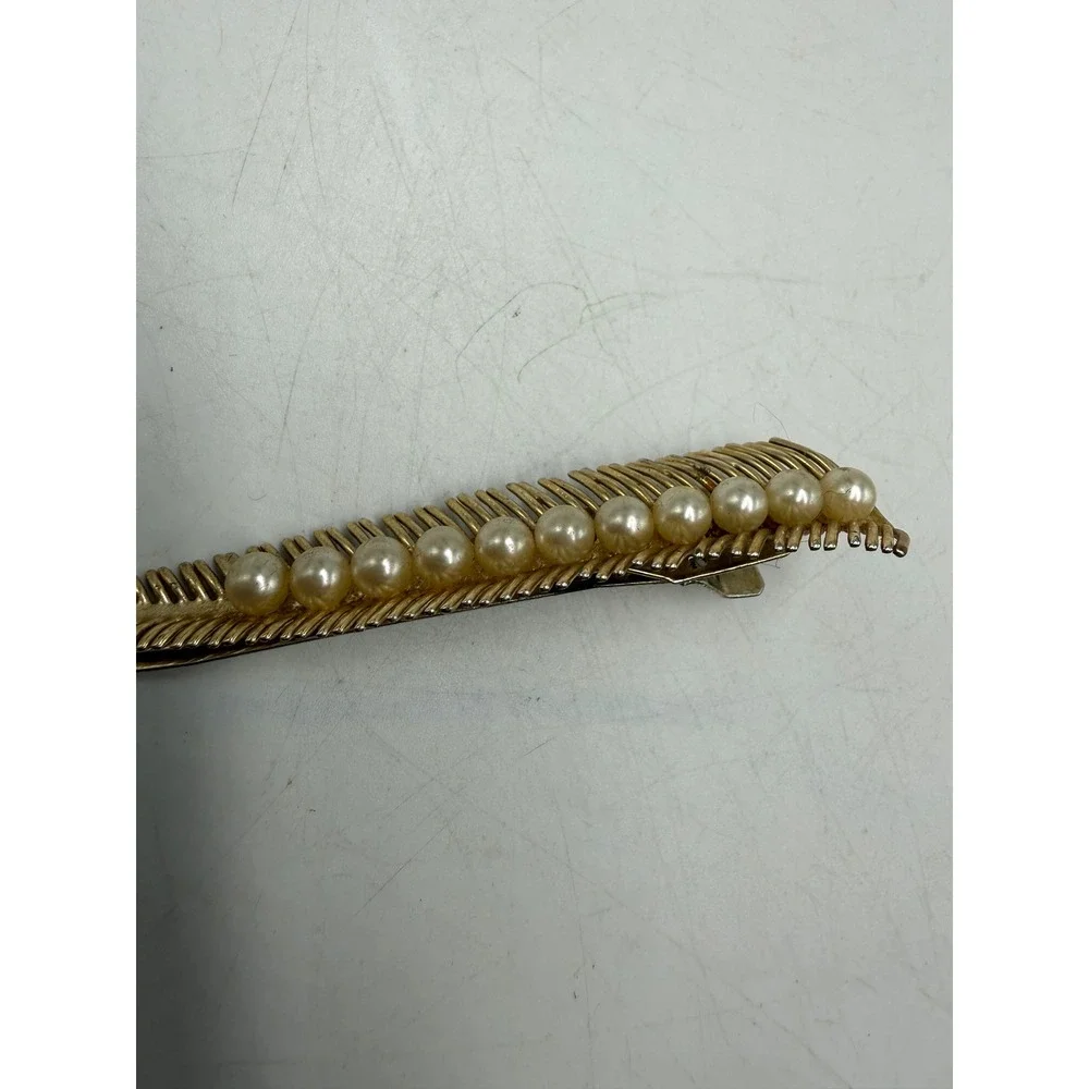 Vintage Gold Tone Faux Pearl Leaf Feather Hair Clip Alligator Pinch Slide 4 Inch